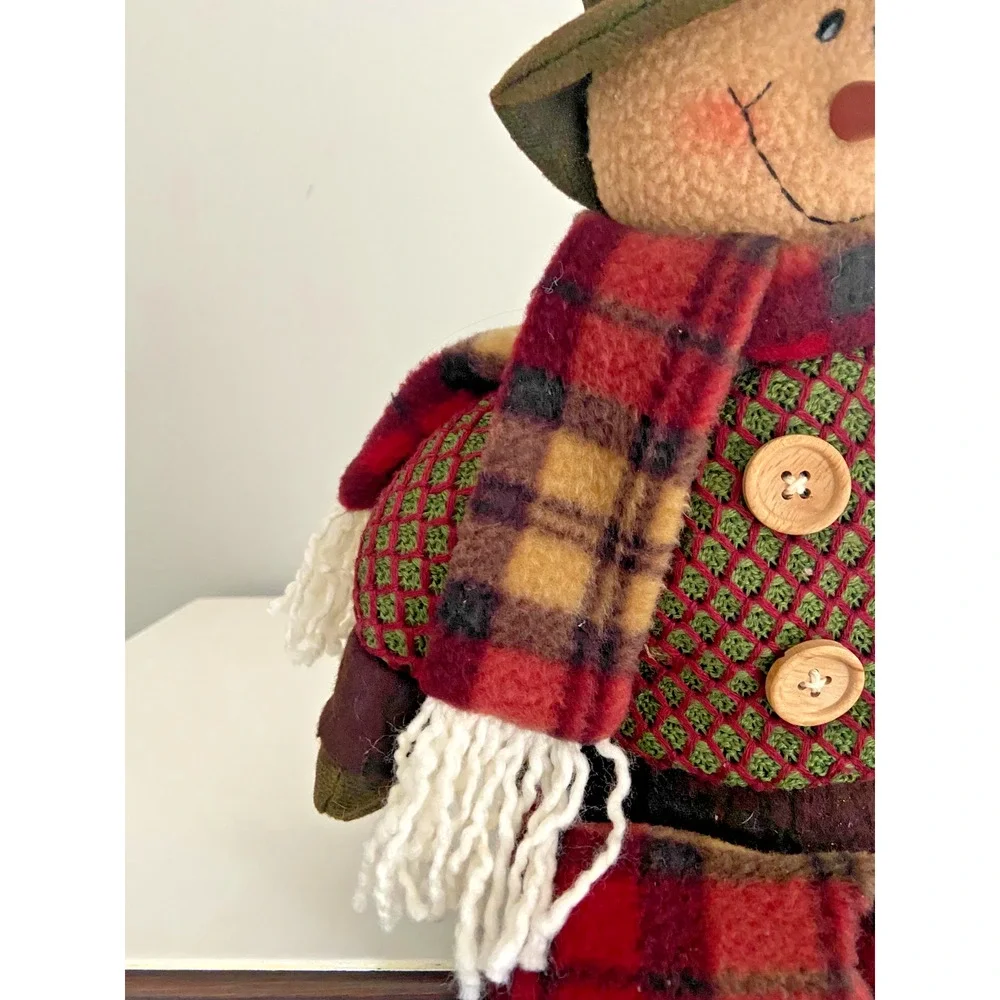 Rustic Brown, Red & Green Flannel Fabric Snowman Shelf Sitter, 19"H - Picture 6 of 8